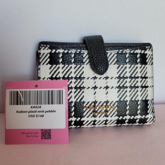 KATE SPADE Hudson SMALL Posh Plaid Embossed Pebbled Leather Bifold Wallet-Black⭐ - Picture 15 of 15